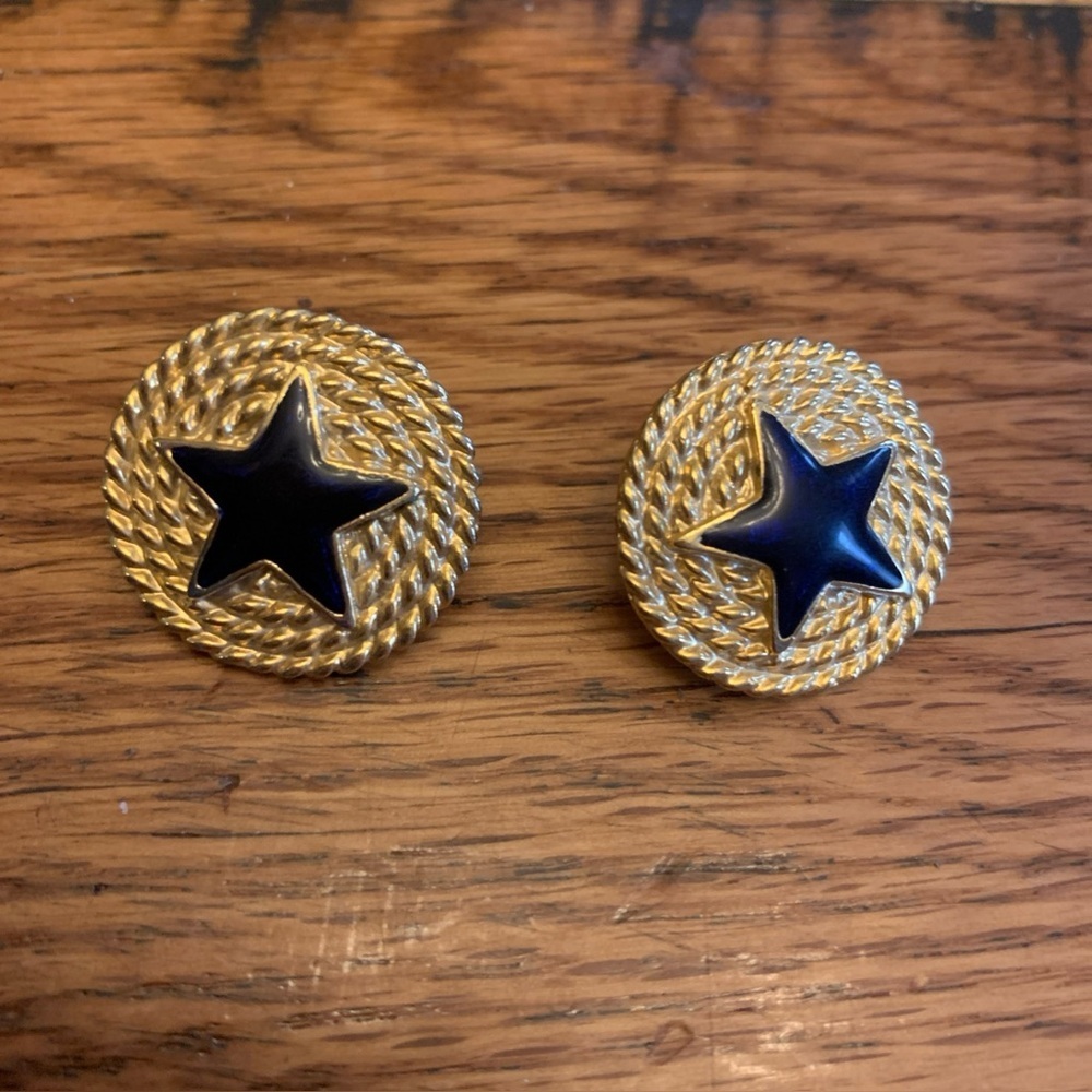Stud Earrings Nautical Rope Stars Blue Enamel Gold Tone Sailing Vtg 80’s